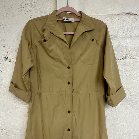 70s Military Style Shirt Dress, S/M