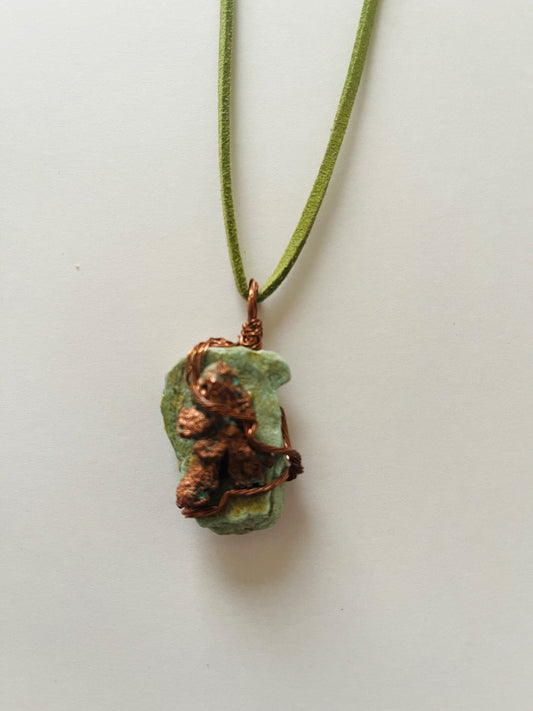 13" Leather Cord, Moss Agete with Raw Copper. Jewelry