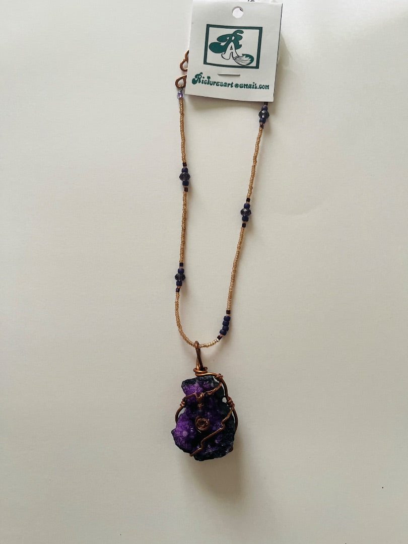 13" Glass Beaded Necklace, Copper Wired Quartz Crystal. Jewelry