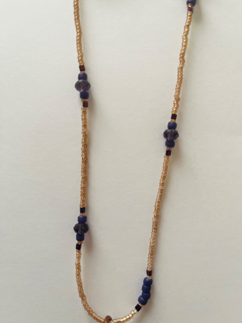 13" Glass Beaded Necklace, Copper Wired Quartz Crystal. Jewelry