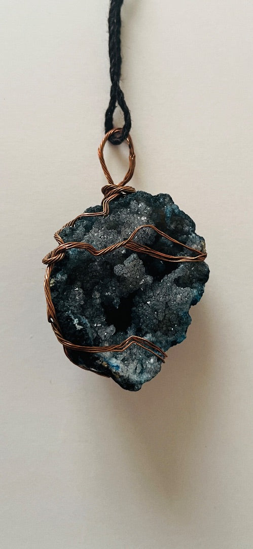 13" Black Cord, Quartz Crystal with Copper Wire Wrap. Jewelry