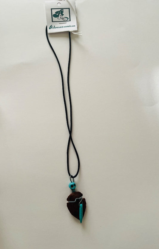 20" Black Cord, Glass Arrowhead with Turquoise Shull & Spear. Jewelry