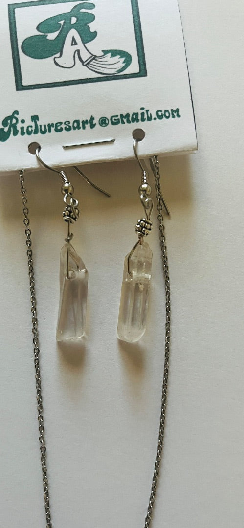 14" Chain, 2 Glass Bead & Quartz Spear. Matching quartz earring. Jewelry