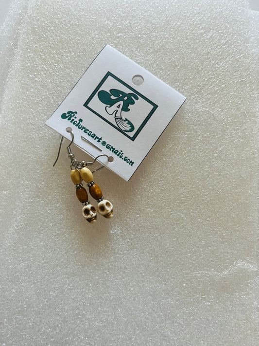 Wood Beads with Skull Beads Earrings. Jewelry, 2”