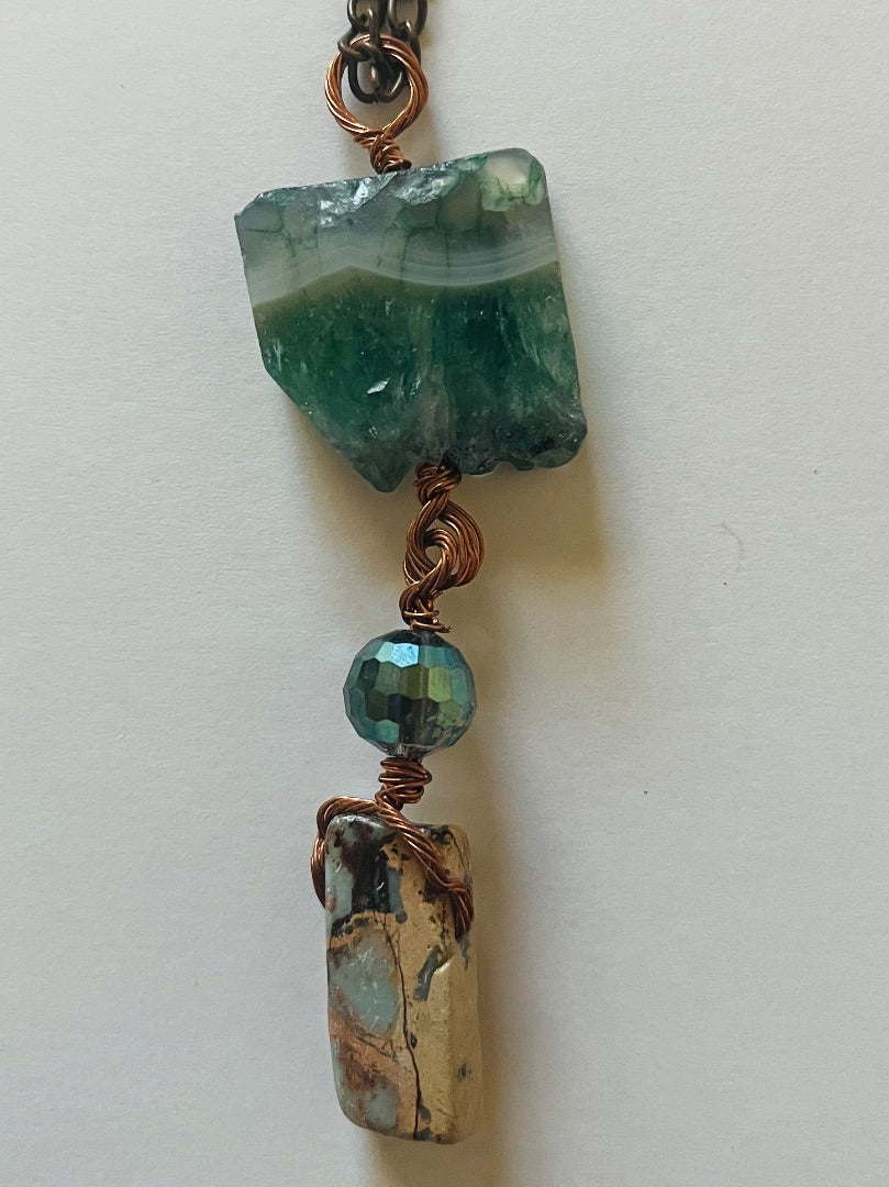 24" Chain, Sliced Geode, Glass Bead & Blue Argonite. Jewelry