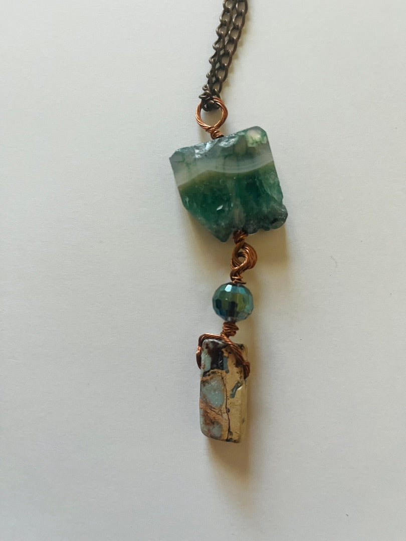 24" Chain, Sliced Geode, Glass Bead & Blue Argonite. Jewelry