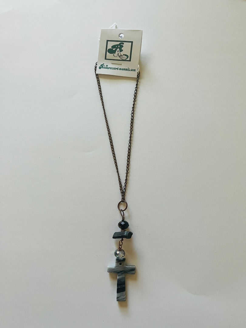 13" Copper Chain, 2 Glass Beads, Quartz Spear, Stone Cross. Jewelry