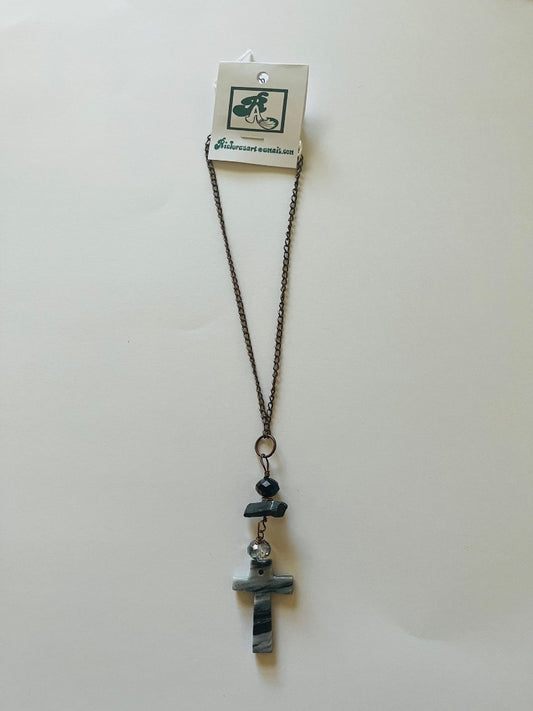 13" Copper Chain, 2 Glass Beads, Quartz Spear, Stone Cross. Jewelry
