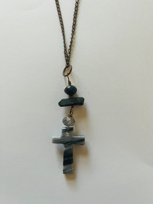 13" Copper Chain, 2 Glass Beads, Quartz Spear, Stone Cross. Jewelry