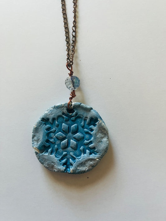 14" Chain, Glass Bead & Kiln Fired Ceramic Snowflake.Jewelry