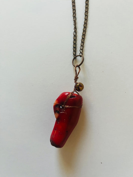 14" Chain, Copper Wired Wrapped Red Jade. Jewelry