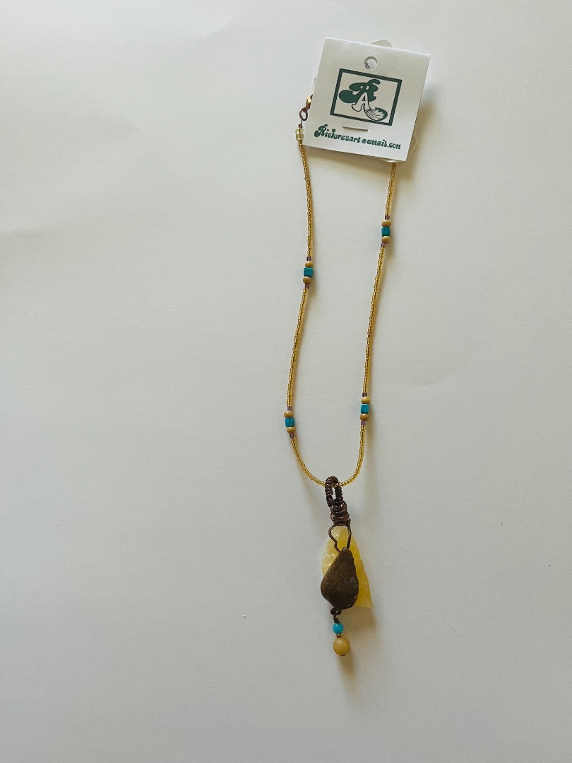 15" Glass Bead with Turquoise Necklace. Copper wired Calcite and Jasper. Jewelry
