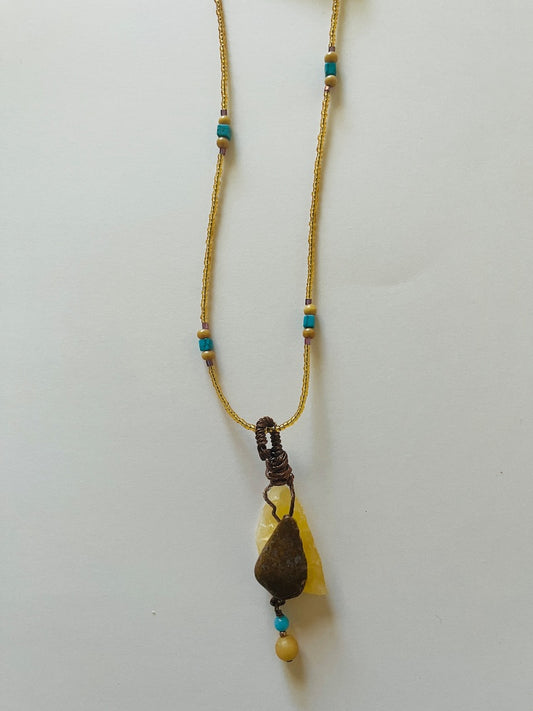 15" Glass Bead with Turquoise Necklace. Copper wired Calcite and Jasper. Jewelry