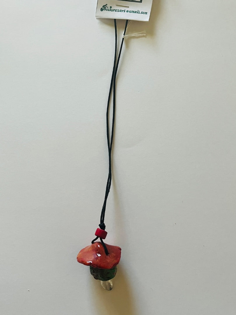 17" Cord, Red Wood Bead attached to a Kiln Fired Ceramic Mushroom with Quartz Crystal. Jewelry