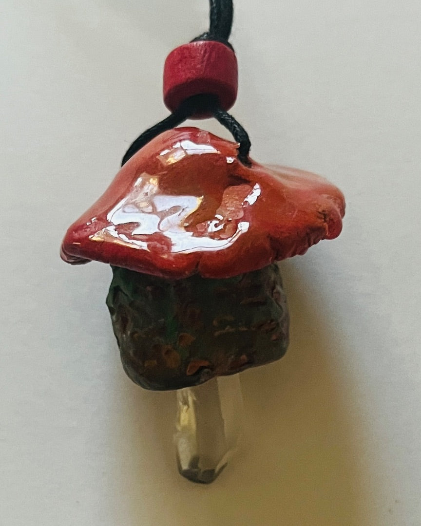 17" Cord, Red Wood Bead attached to a Kiln Fired Ceramic Mushroom with Quartz Crystal. Jewelry