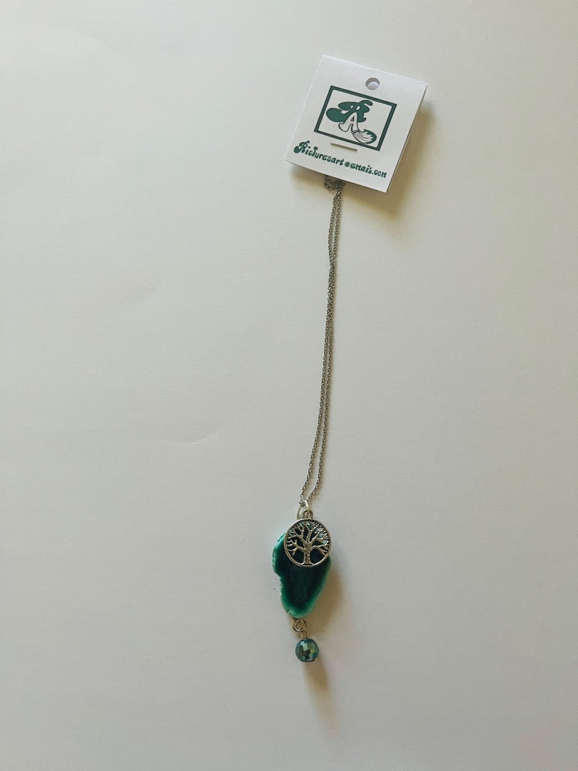 12" Chain, Green Geode Slice, Glass Bead & Tree. Jewelry