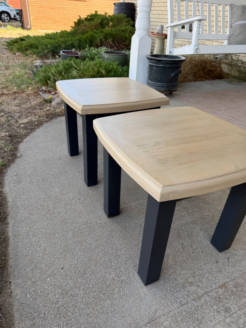Charcoal and beige wash Pair of oak tables, 20x20x18.5 tall