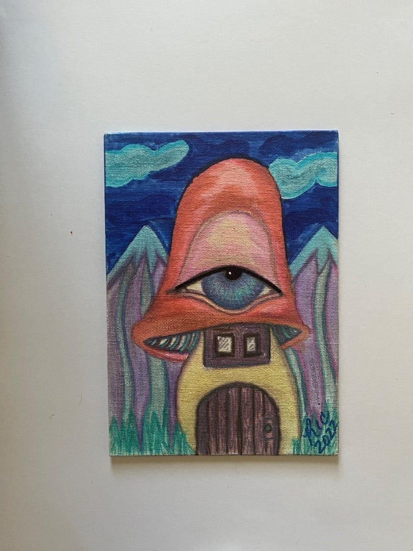 Mushroom House Original Ink Drawing, 5x7