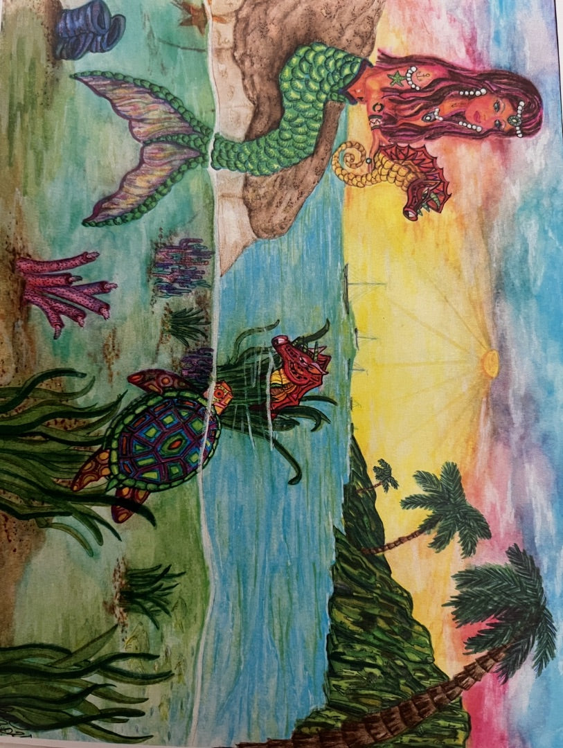 Mermaids and Family Print Original was created with watercolors and ink. Print, 5x7