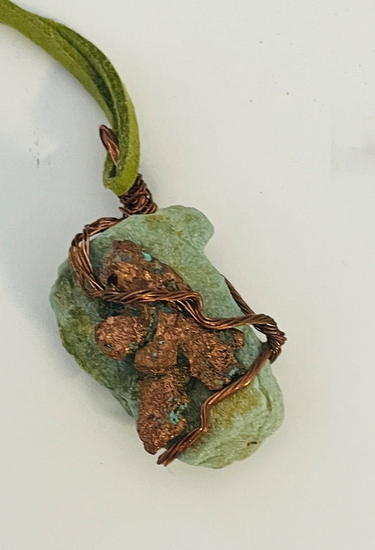 13" Leather Cord, Moss Agete with Raw Copper. Jewelry