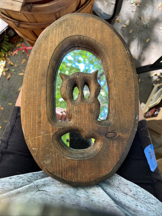 Vintage 1970's Carved Owl Mirror Wood Hanging