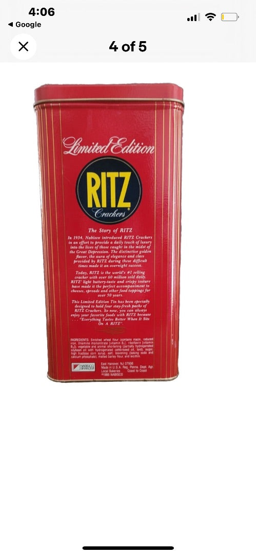 Vintage 1986 Limited Edition Nabisco Ritz Cracker Tin 16oz Empty Collectible Tin