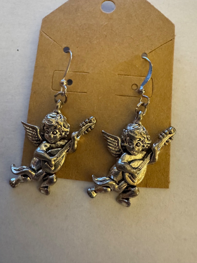 Angel silvertone dangle earrings
