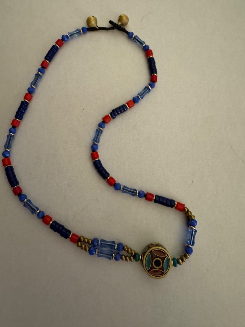 Red blue goldtone Nepal style necklace