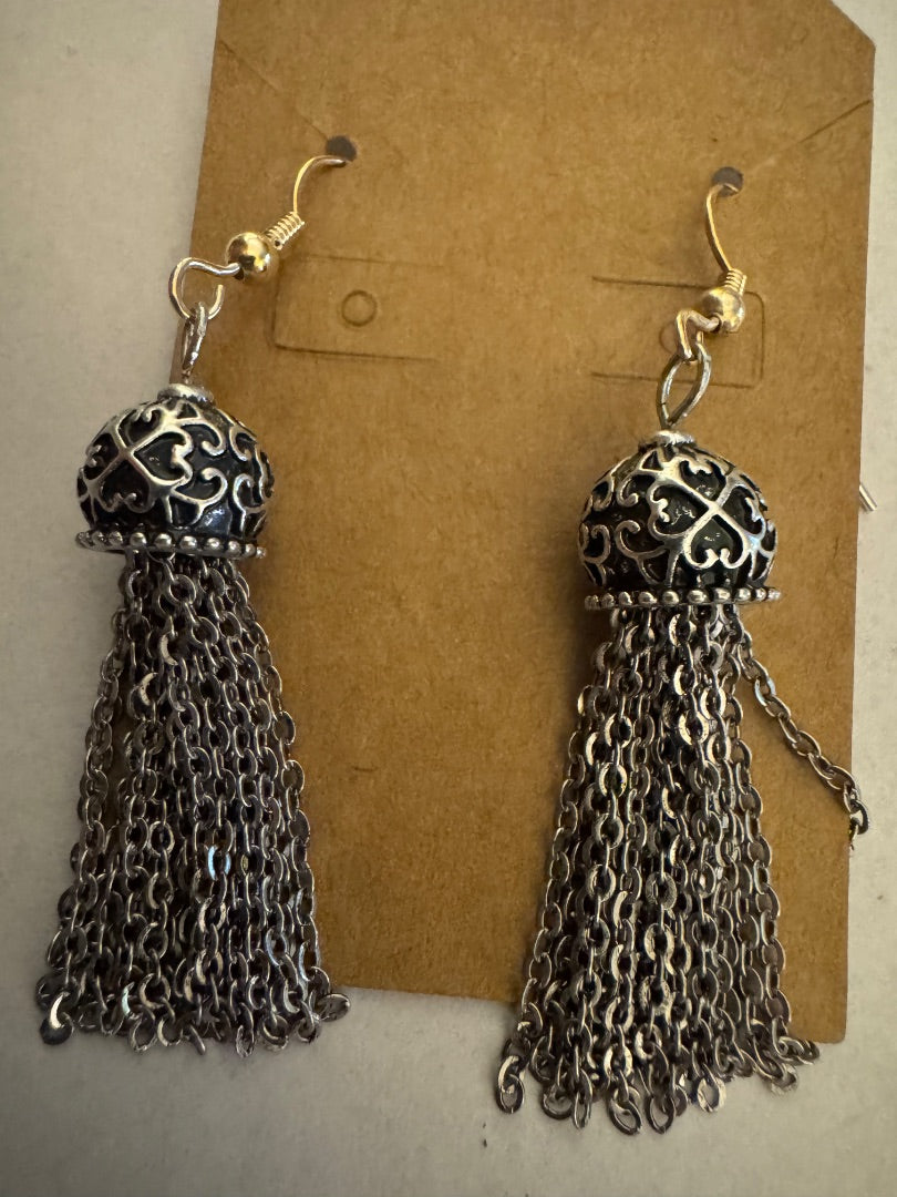 Bell w/chain silver tone dangle earrings