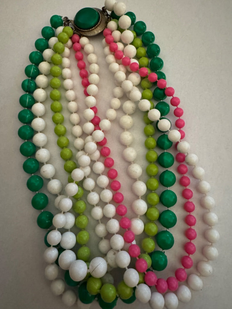 Vtg Green, pink, ivory green multi fx pearl necklace