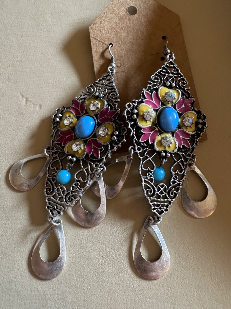 Boho yellow blue pink silver tone dangle earrings