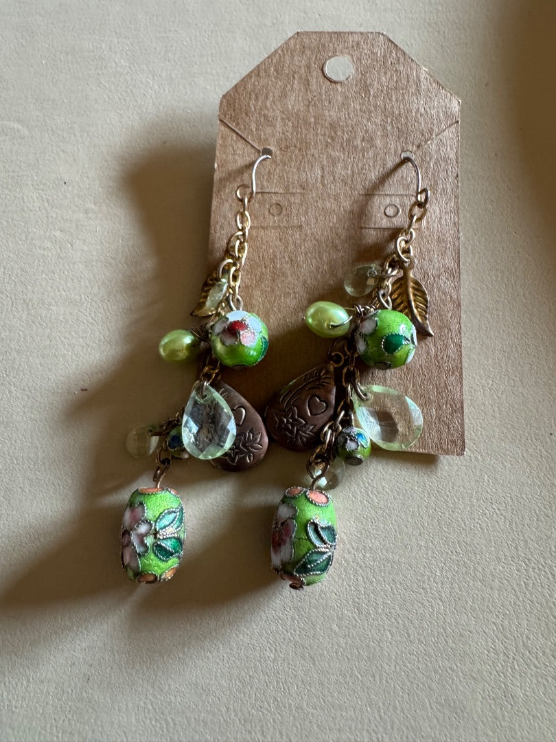 Green bead cloisonne locket earrings