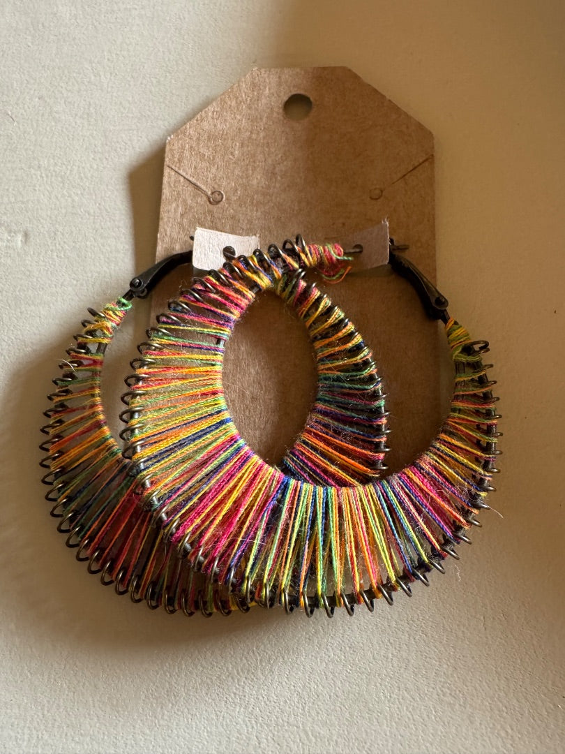 Multicolor string wrapped hoop earrings