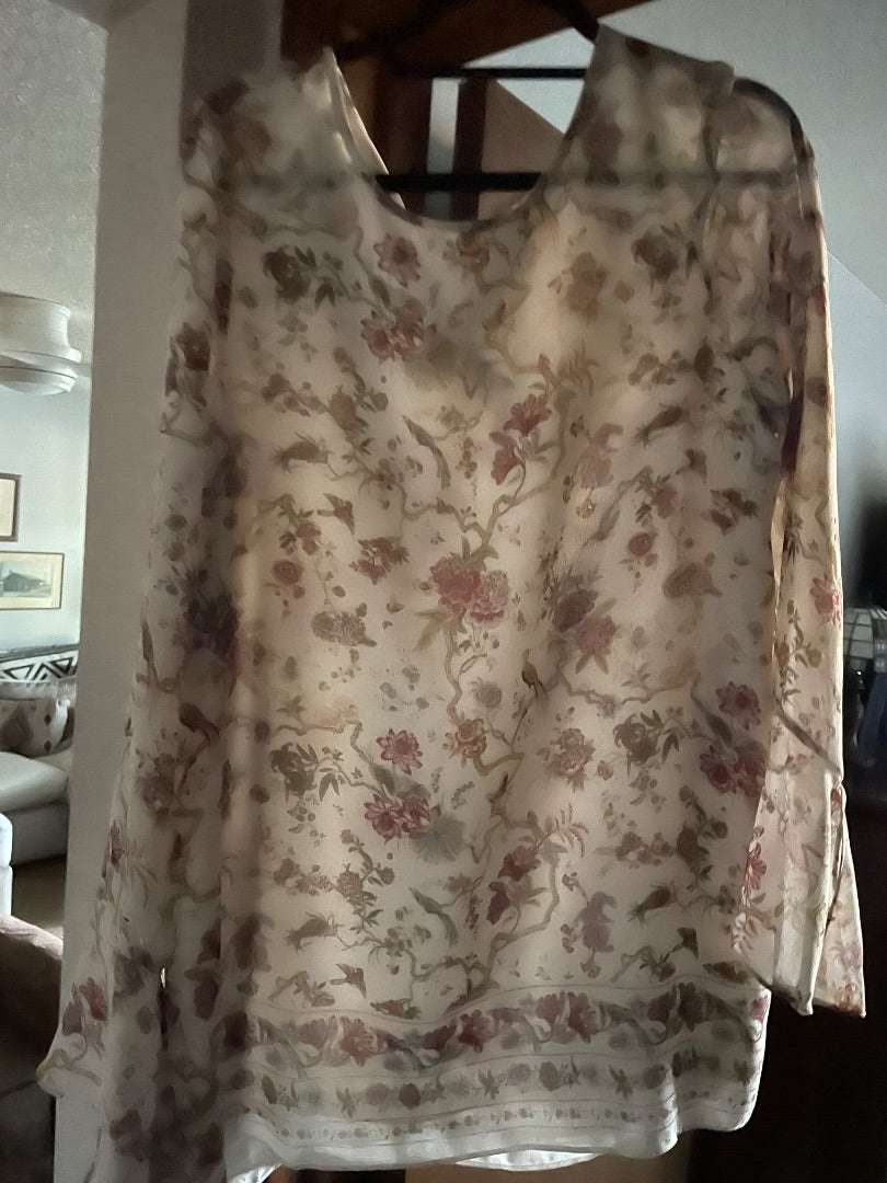Cream with rose multi color Linen blouse, Xl