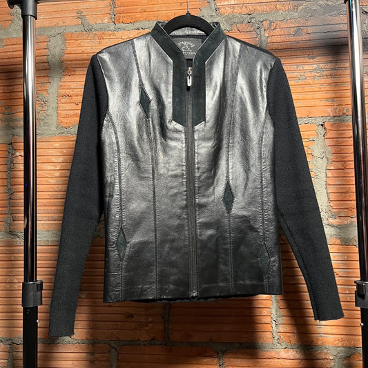 Leather and Ribbed Knit Jacket, L