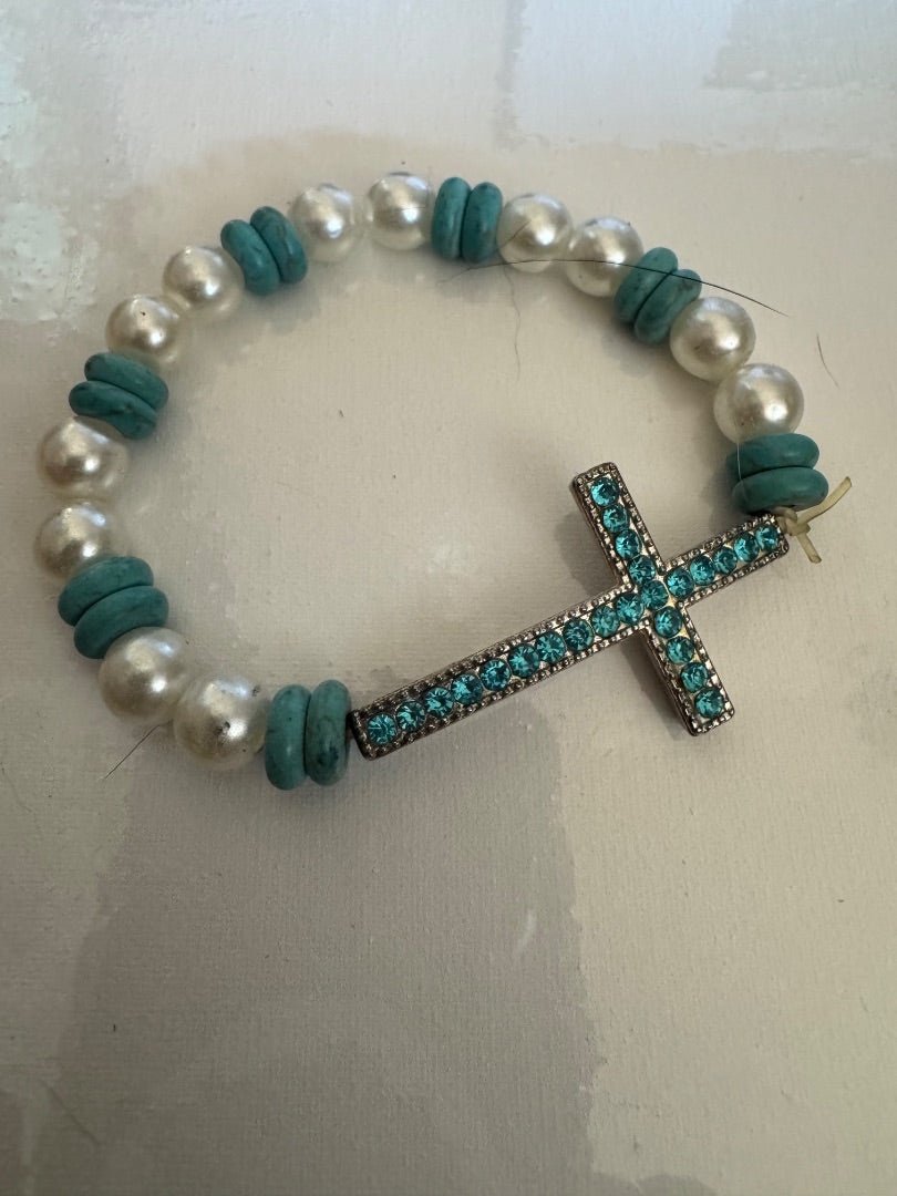 Blue and white bead cross bracelet