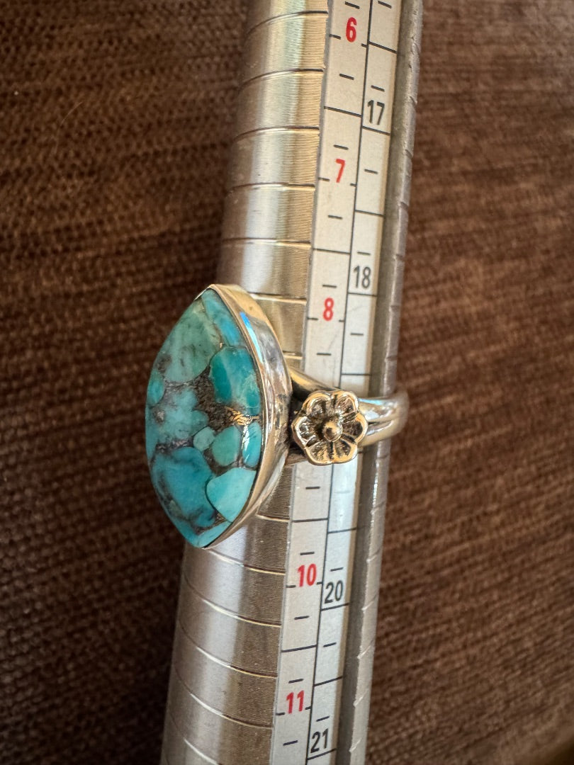 Blue Copper Turq w/flower accents ring 9