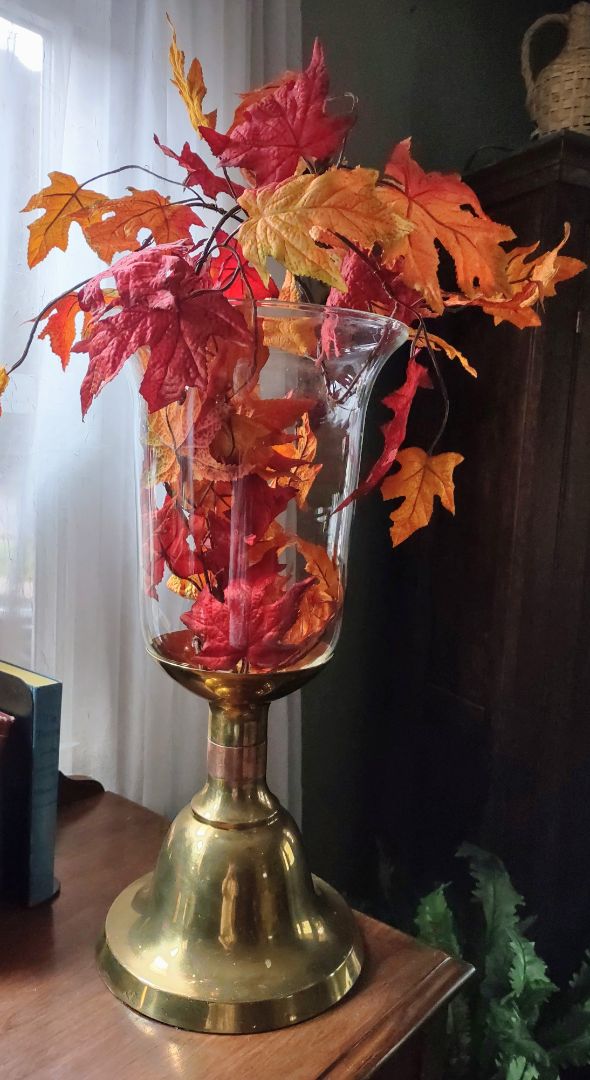 Gold Vintage brass hurricane lamp/autumn leaf display, 11" x 13"