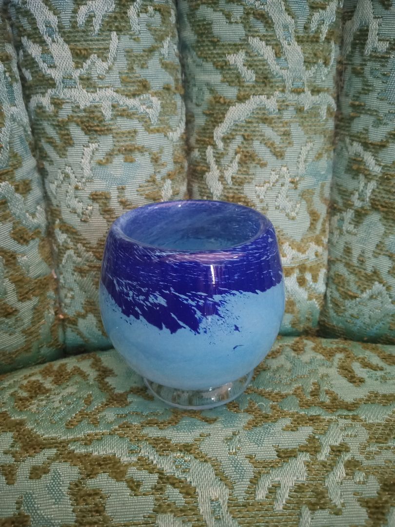 Blue Hand blown glass candle holder