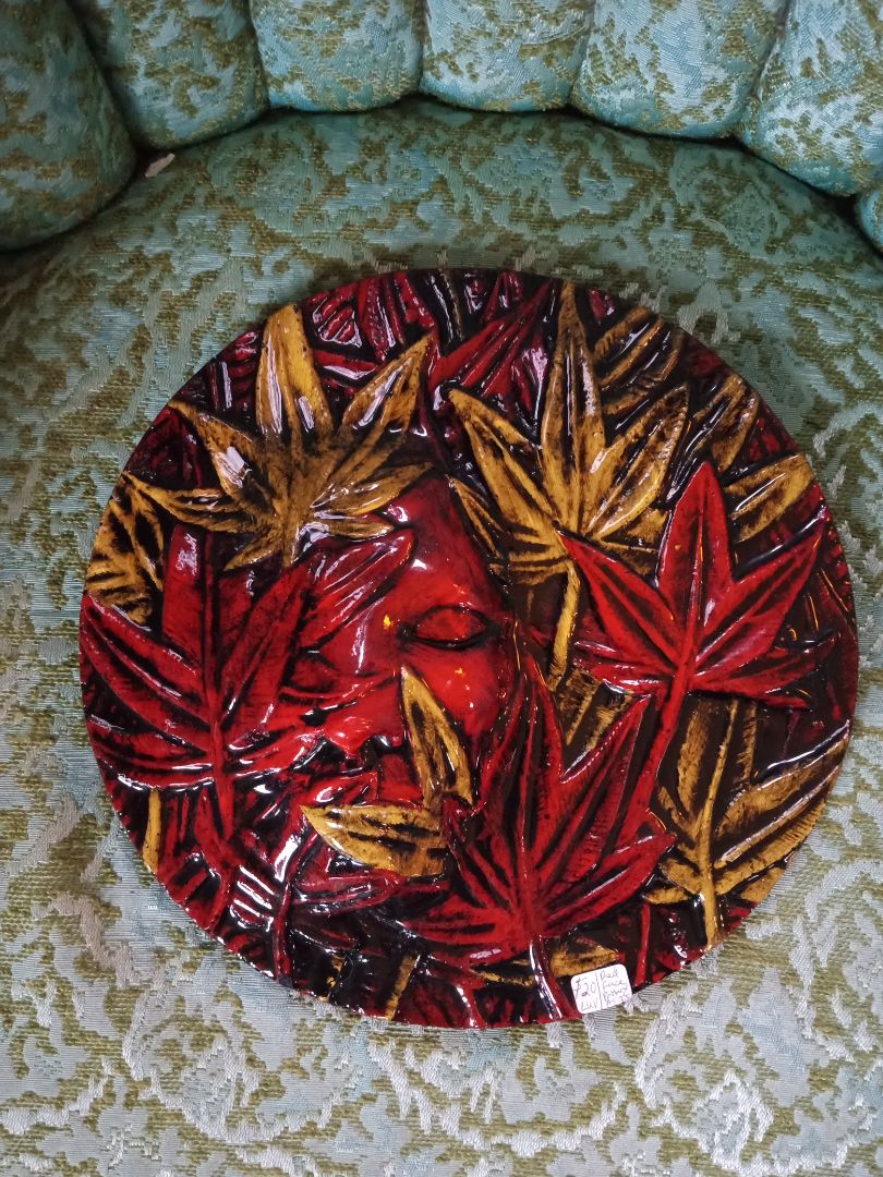 Red Face & leaf pottery art wall hanging, Large