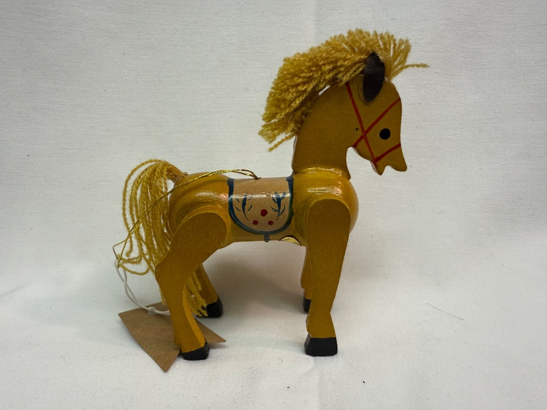 Yellow Handmade VTG wood horse, 5x3”