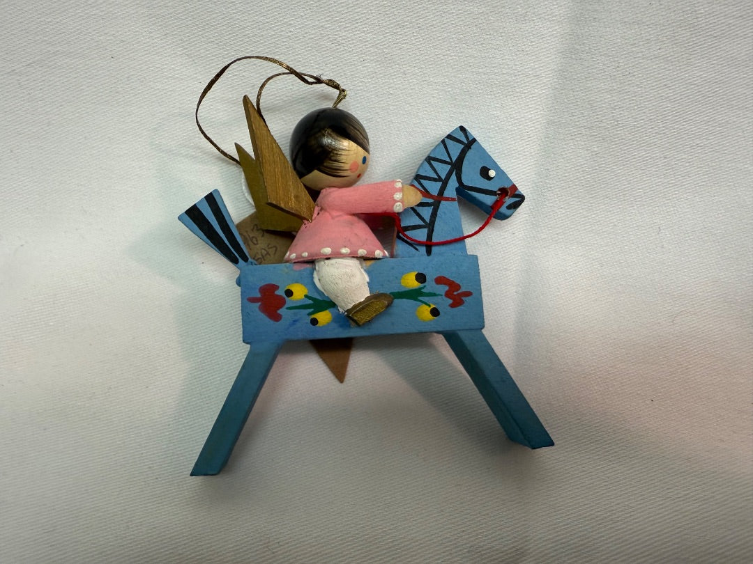 Blue Handmade Vtg Angel on Horse, 3"
