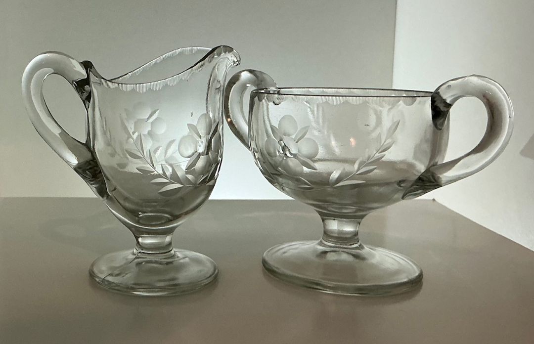 Clear Creamer and open sugar bowl set Glass, Etched, 4" tall creamer, 3.25" tall sugar bowl
