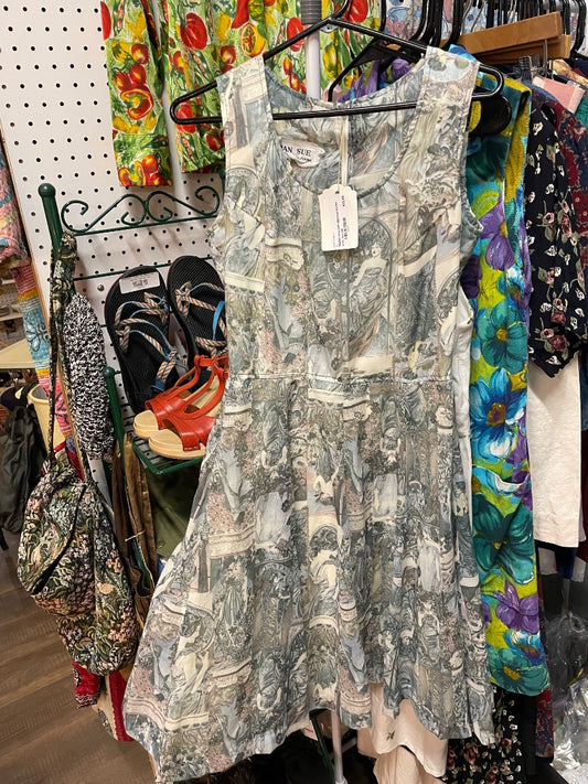50s/60s dress with Alphonse Mucha print, size S/M