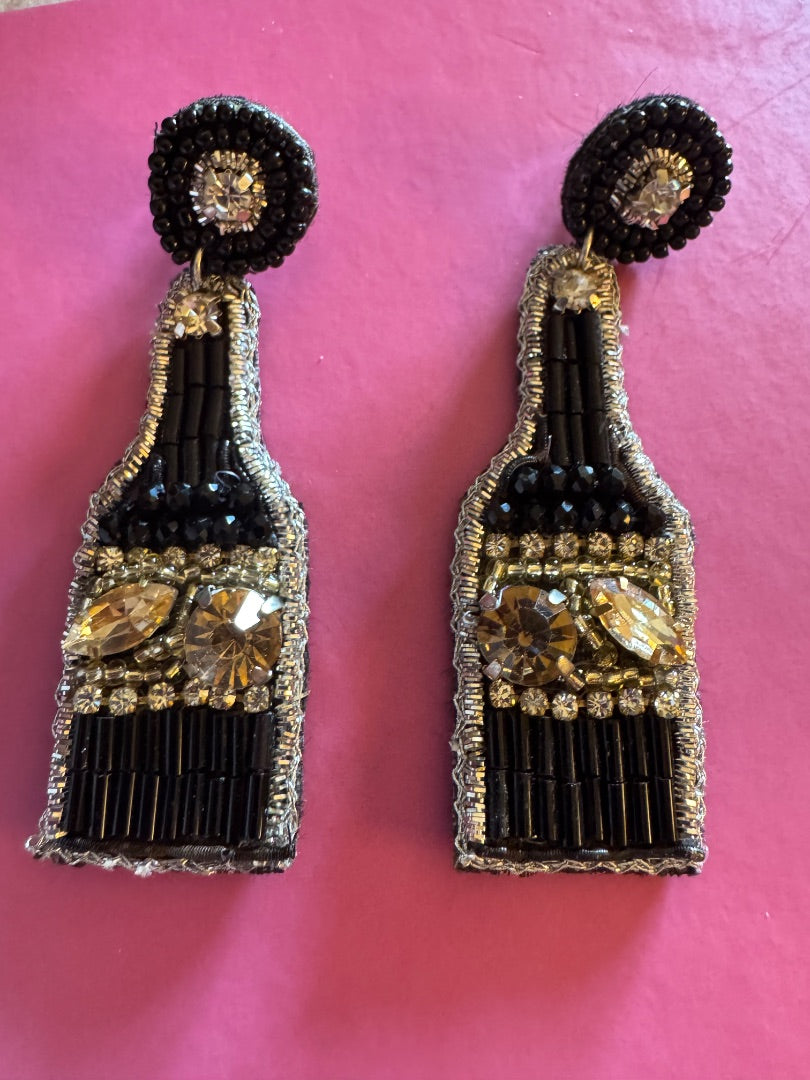 Handbeaded Black Wine/Champagne bottle beaded stud earrings