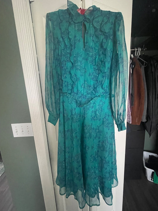 80s gauzy teal belted dress with dragon print, size M