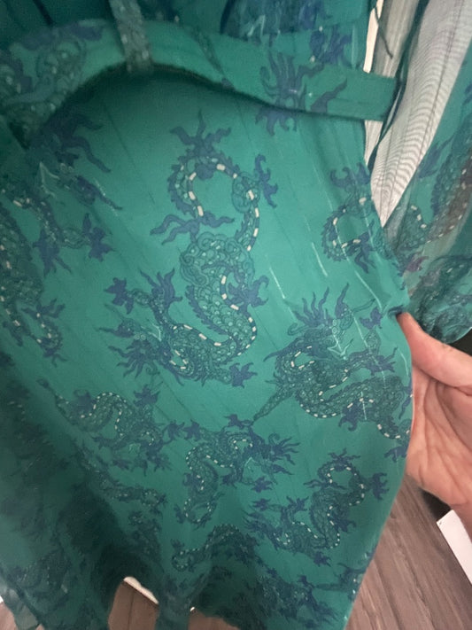 80s gauzy teal belted dress with dragon print, size M