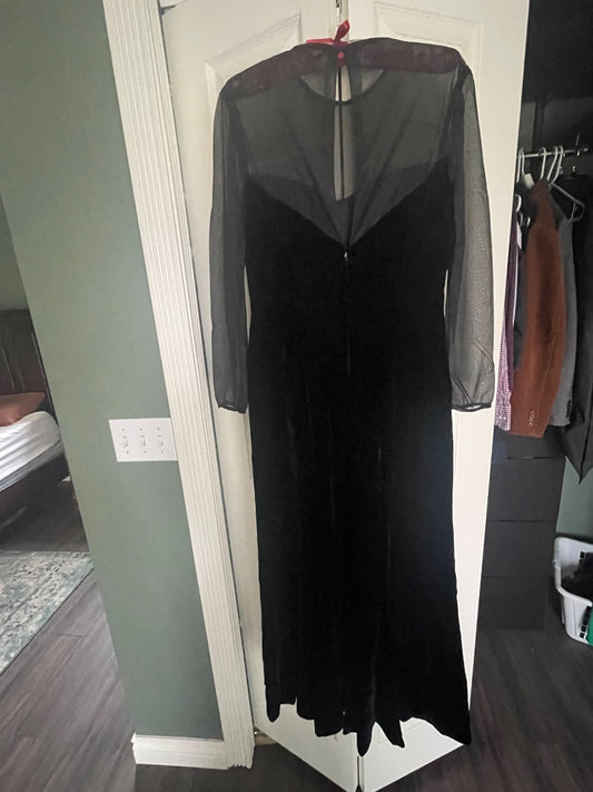 Long black velvet dress with illusion neckline, M/L