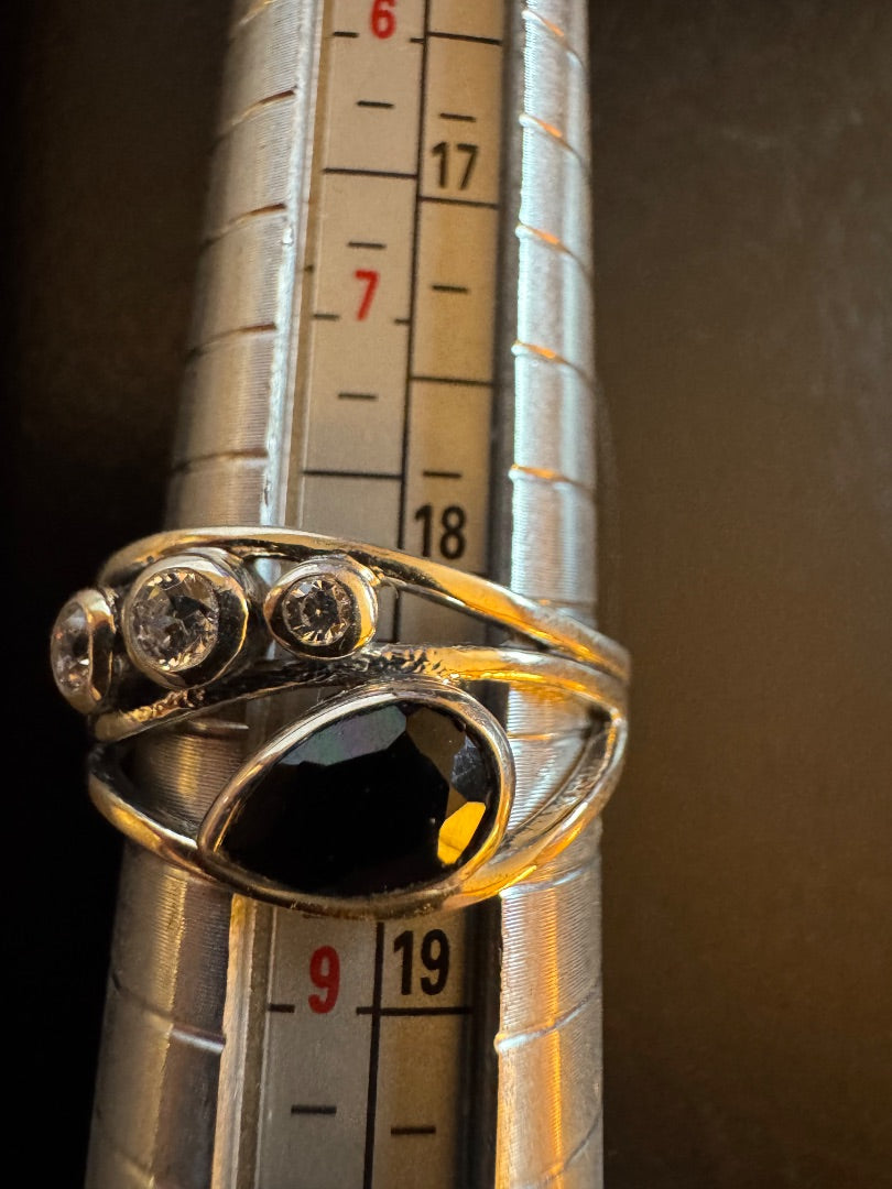 Black Onyx w/3 accents stamped 925 ring 8