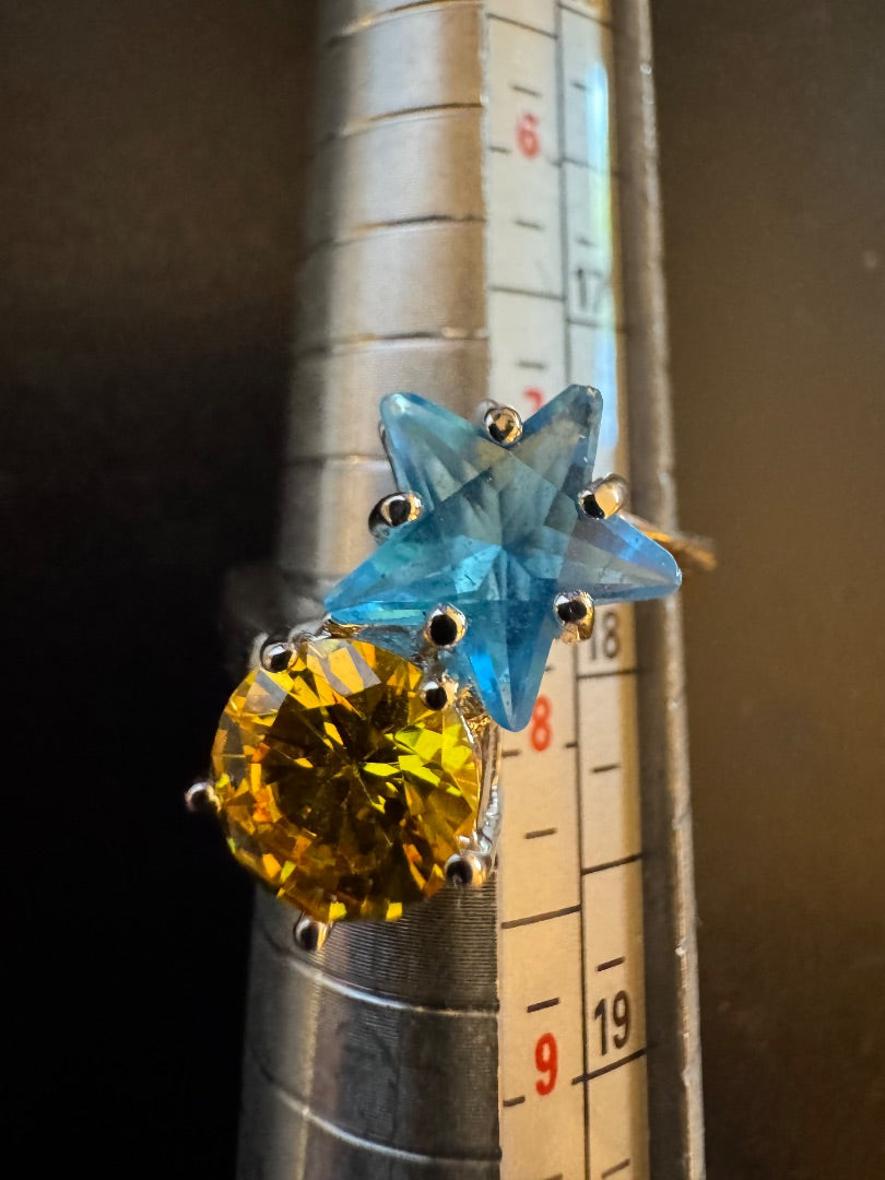 Blue Topaz/Citrine? stamped 925 ring 8